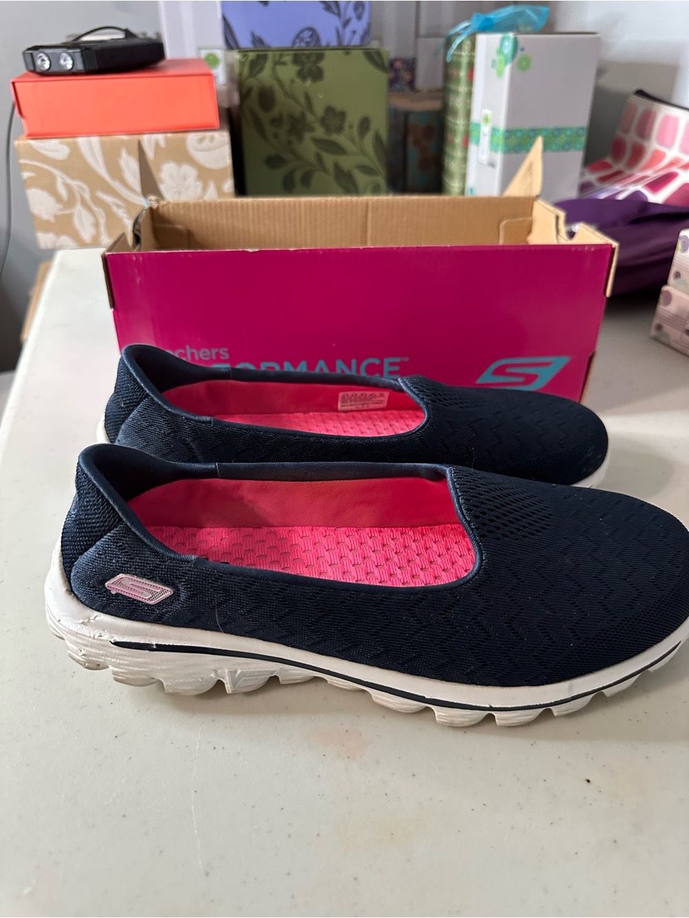 Skechers Navy Slip-On Sneakers with Pink Insole